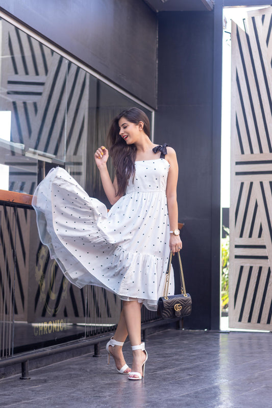 Women's White Polka Dot Long Dress (1pc set)