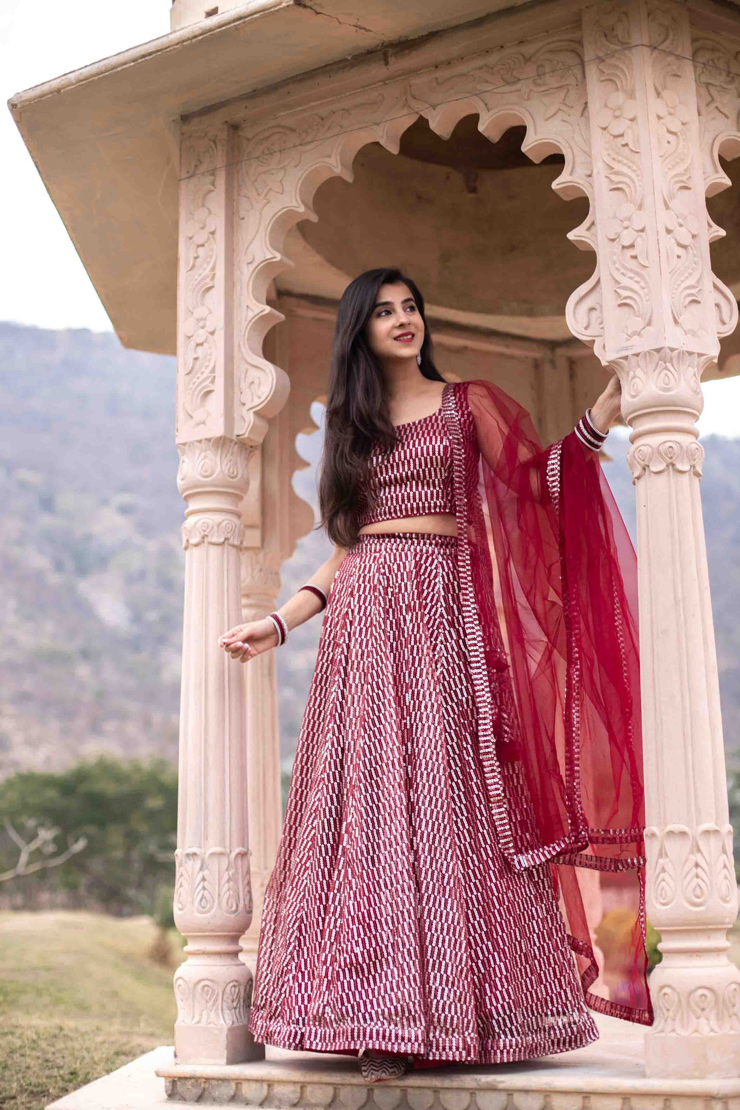 Women's Red Sequin Lehenga Set by Label S