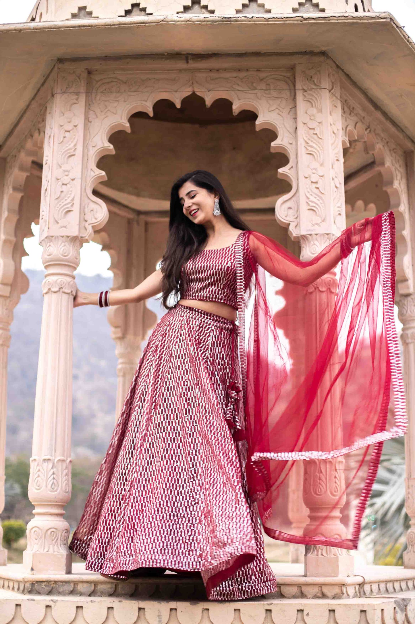 Women's Red Sequin Lehenga Set by Label S