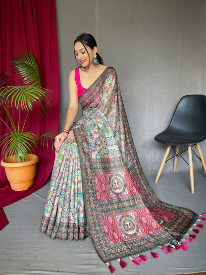 Women's Cotton Bandhani Kalamkari Printed Saree Cream