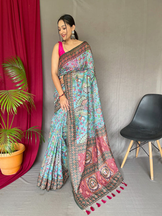Women's Cotton Bandhani Kalamkari Printed Saree Sky