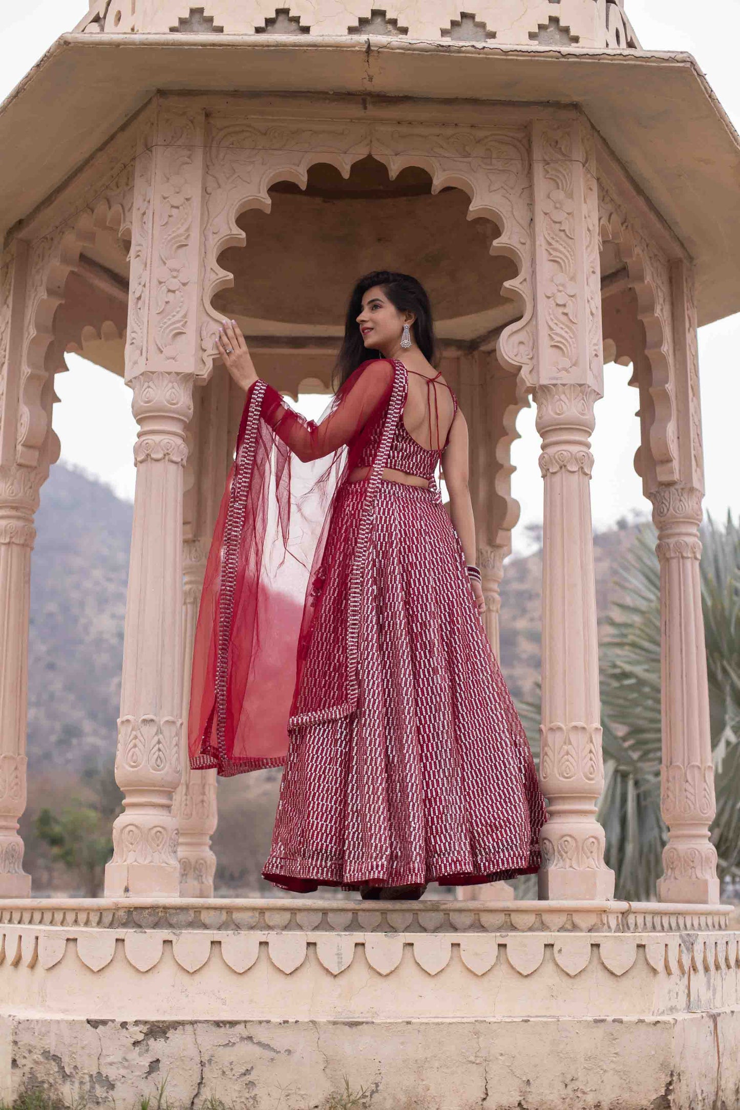 Women's Red Sequin Lehenga Set by Label S