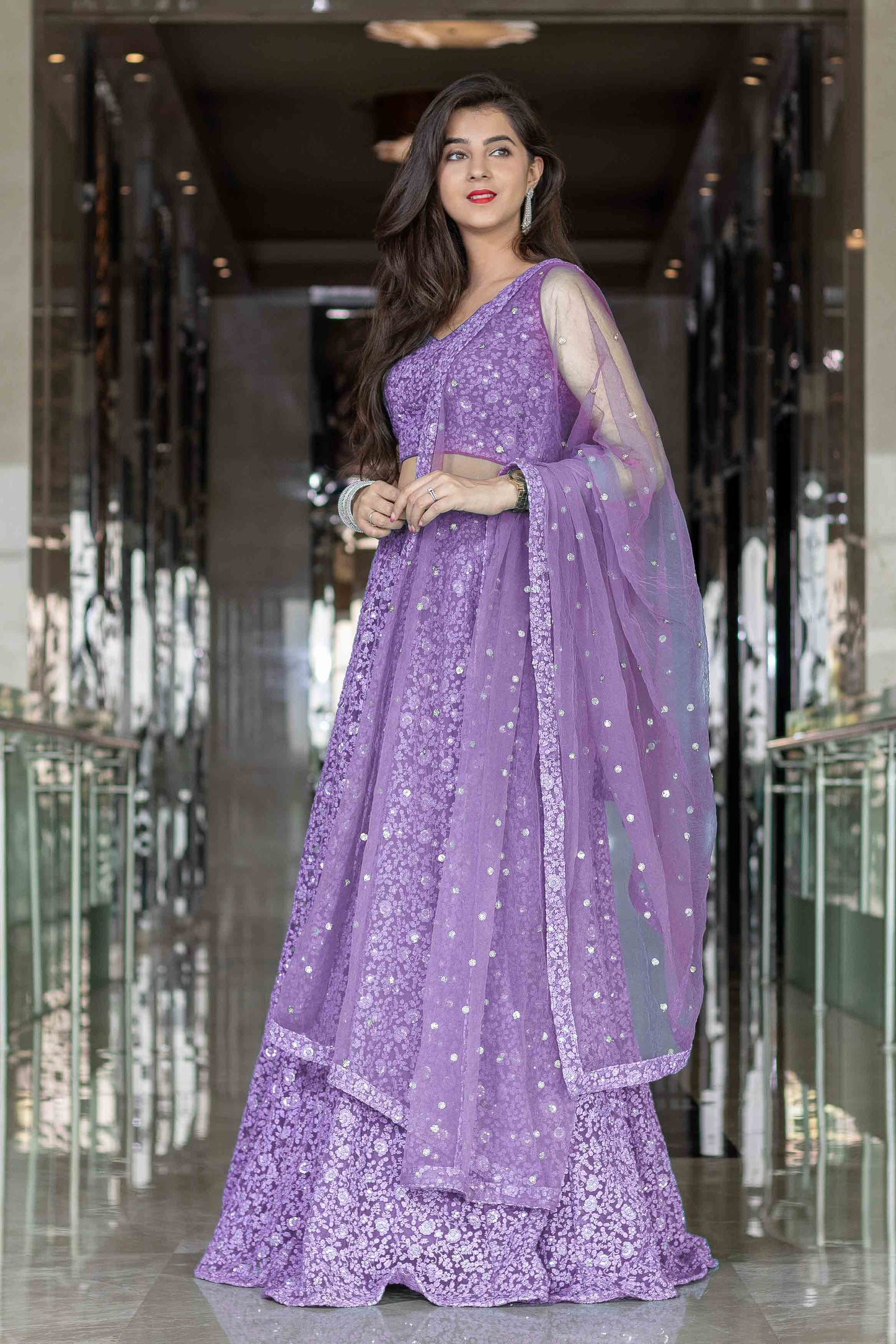 Women's Lavender Thread Work Lehenga (3pcs set)