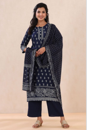 Women's Indigo Rayon Printed Straight Kurta Palazzo Dupatta Set