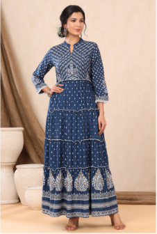 Women's Indigo Rayon Printed Tiered Dress