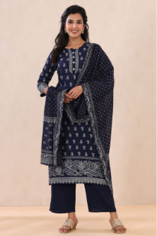 Women's Indigo Rayon Printed Straight Kurta Palazzo Dupatta Set