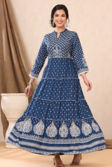 Women's Indigo Rayon Printed Tiered Dress