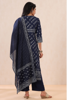 Women's Indigo Rayon Printed Straight Kurta Palazzo Dupatta Set