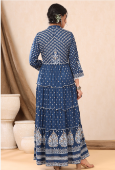 Women's Indigo Rayon Printed Tiered Dress