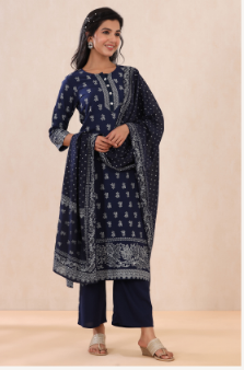 Women's Indigo Rayon Printed Straight Kurta Palazzo Dupatta Set