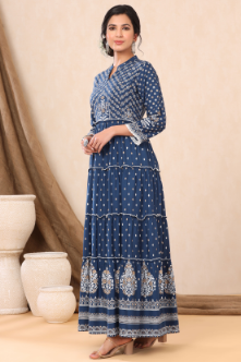 Women's Indigo Rayon Printed Tiered Dress