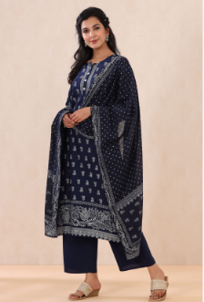 Women's Indigo Rayon Printed Straight Kurta Palazzo Dupatta Set