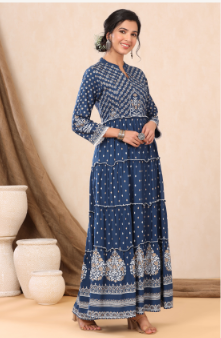 Women's Indigo Rayon Printed Tiered Dress