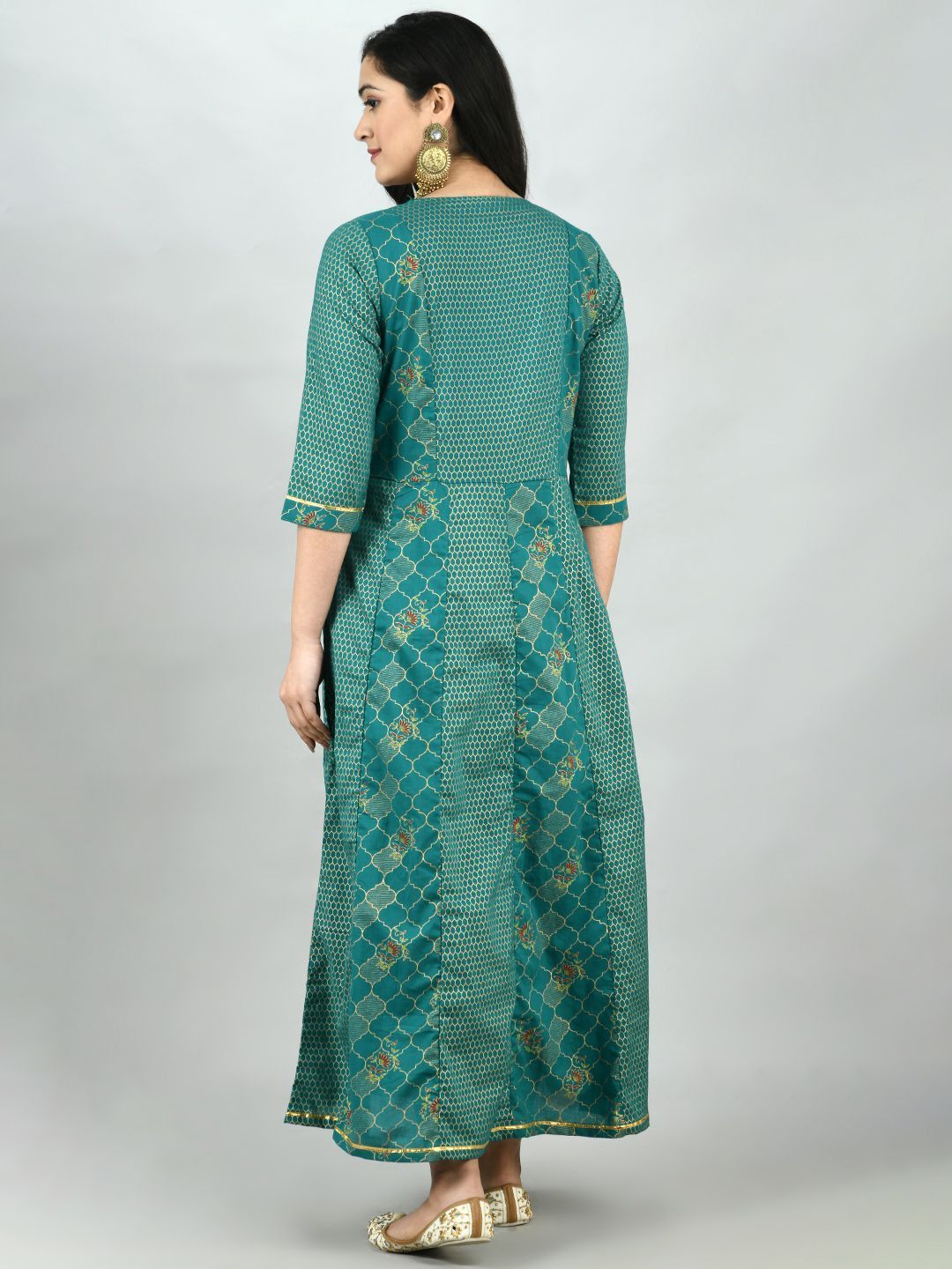 Women's Green Cotton Printed 3/4 Sleeve Round Neck Casual Dress
