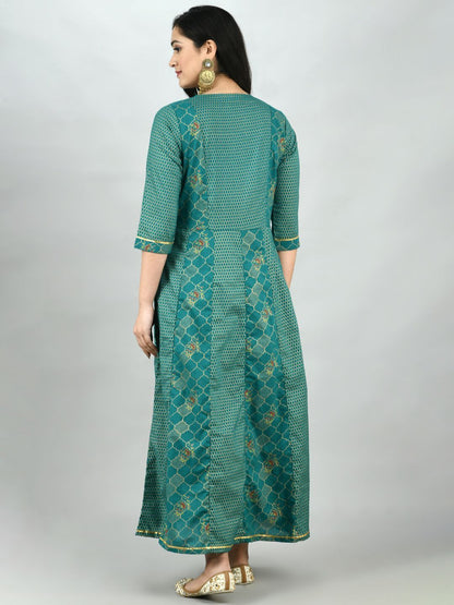 Women's Green Cotton Printed 3/4 Sleeve Round Neck Casual Dress
