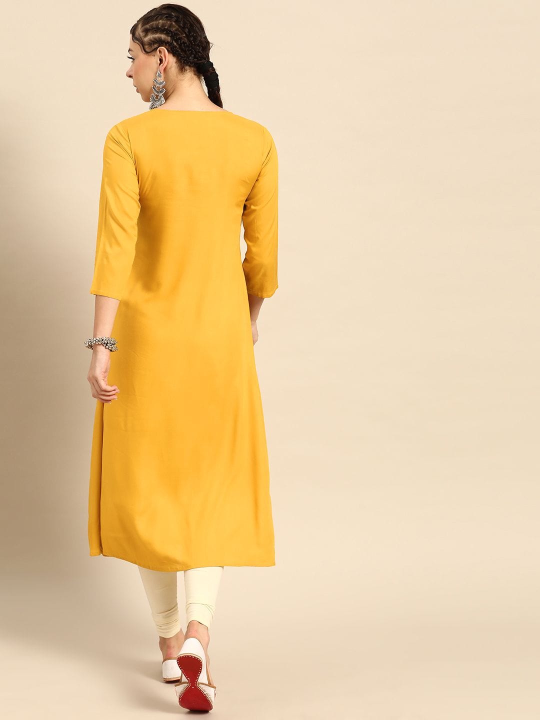Women's Mustard Yellow Yoke Design Cotton Gathered Keyhole Neck Kurta