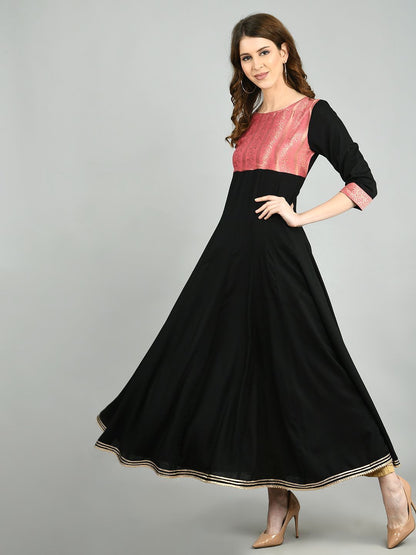 Women's Black Rayon Printed 3/4 Sleeve Round Neck Casual Kurta Dupatta Set