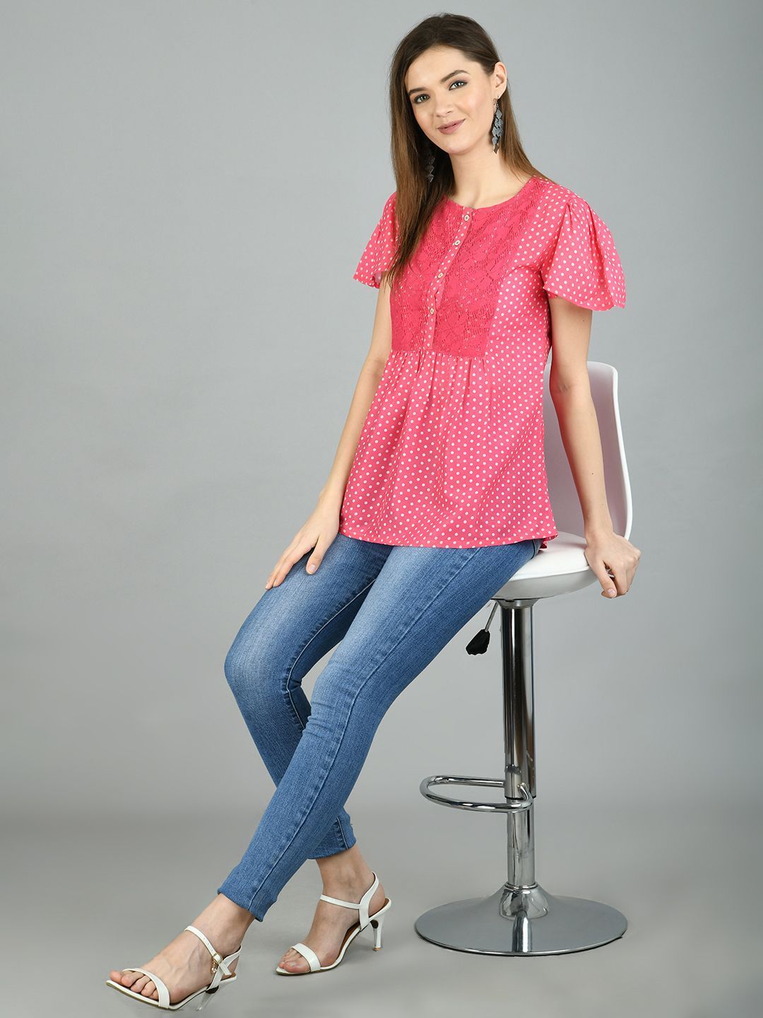 Women's Pink Polyester Printed Half Sleeve Round Neck Casual Top