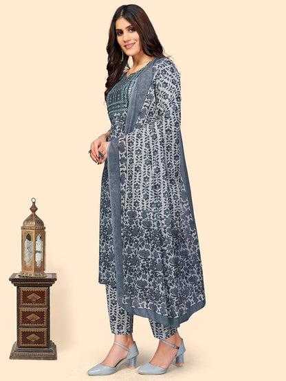 Women's Print & Embroidered Straight Cotton Grey Stitched Kurta Pant With Dupatta