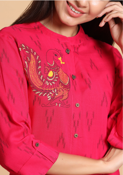 Rayon Slub Ikat Print A-Line Kurta With Mask