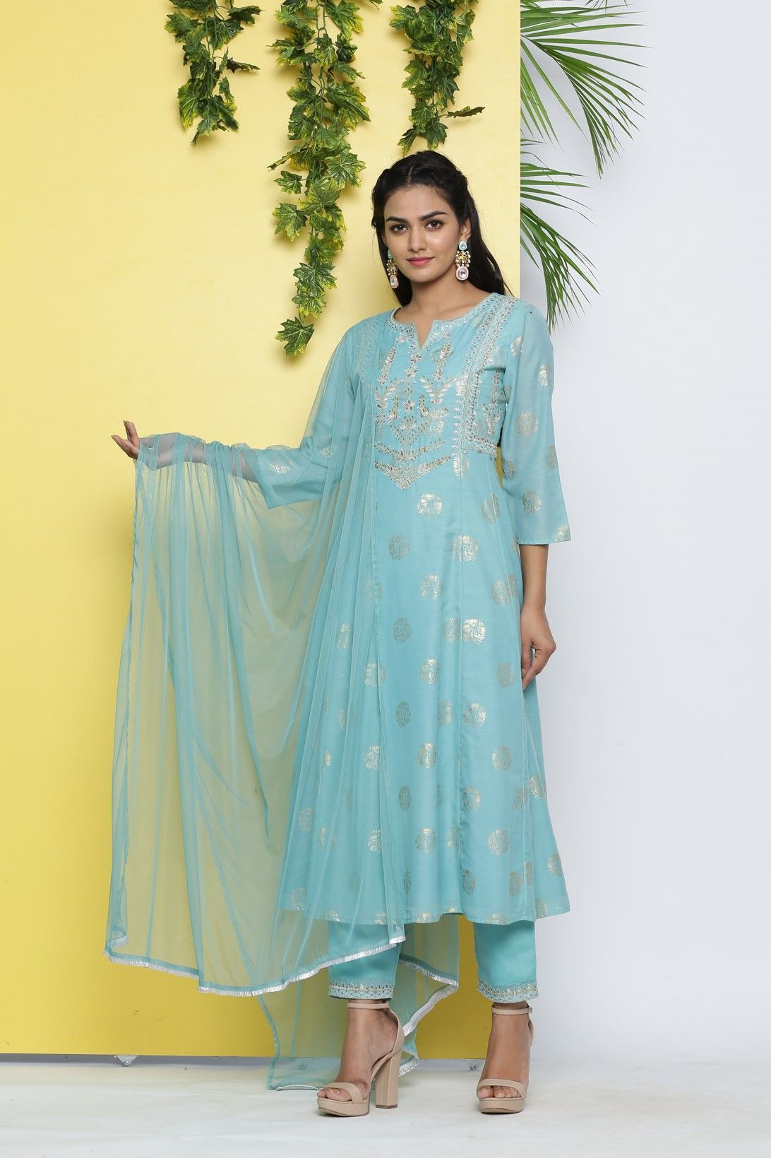 Women's Mint Poly Muslin Printed A-Line Kurta Pant Dupatta Set