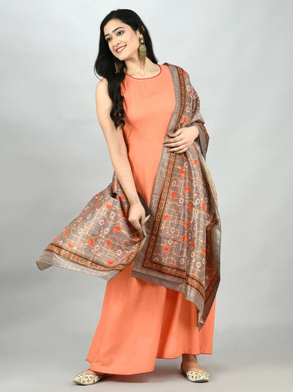 Women's Peach Cotton Solid Sleeveless Round Neck Casual Kurta Dupatta Set