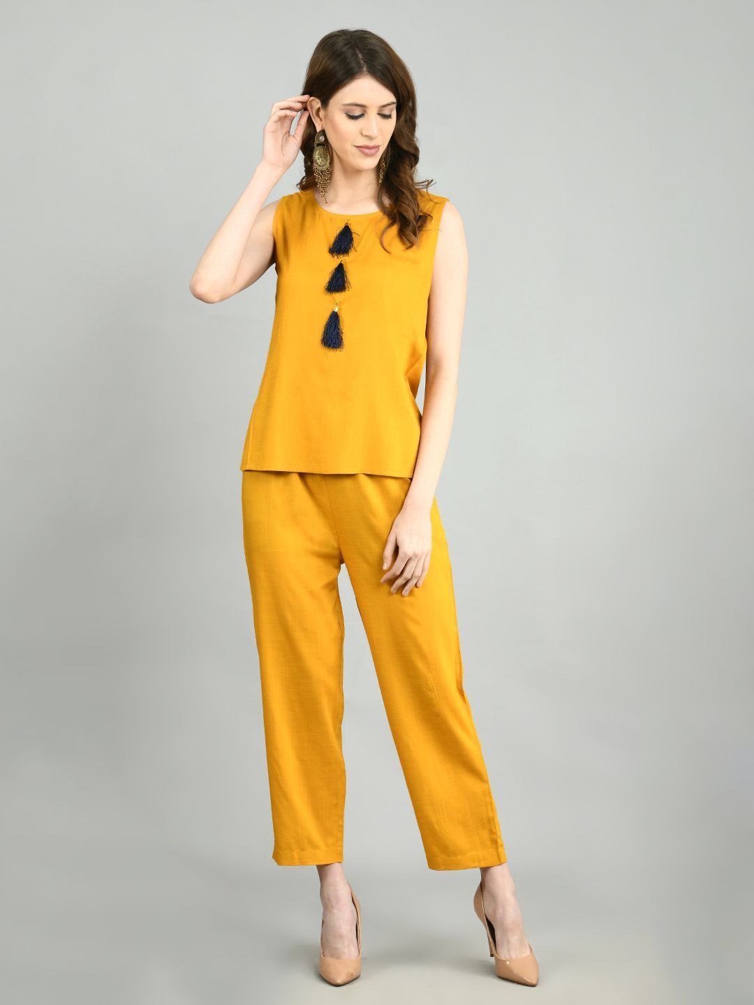 Women Navy Blue Cotton Printed Shrug, Top and Pant Set by Myshka (