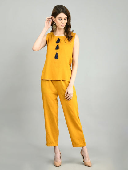 Women Navy Blue Cotton Printed Shrug, Top and Pant Set by Myshka (