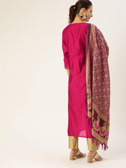 Women's Magenta & Beige Embroidered Straight Kurta