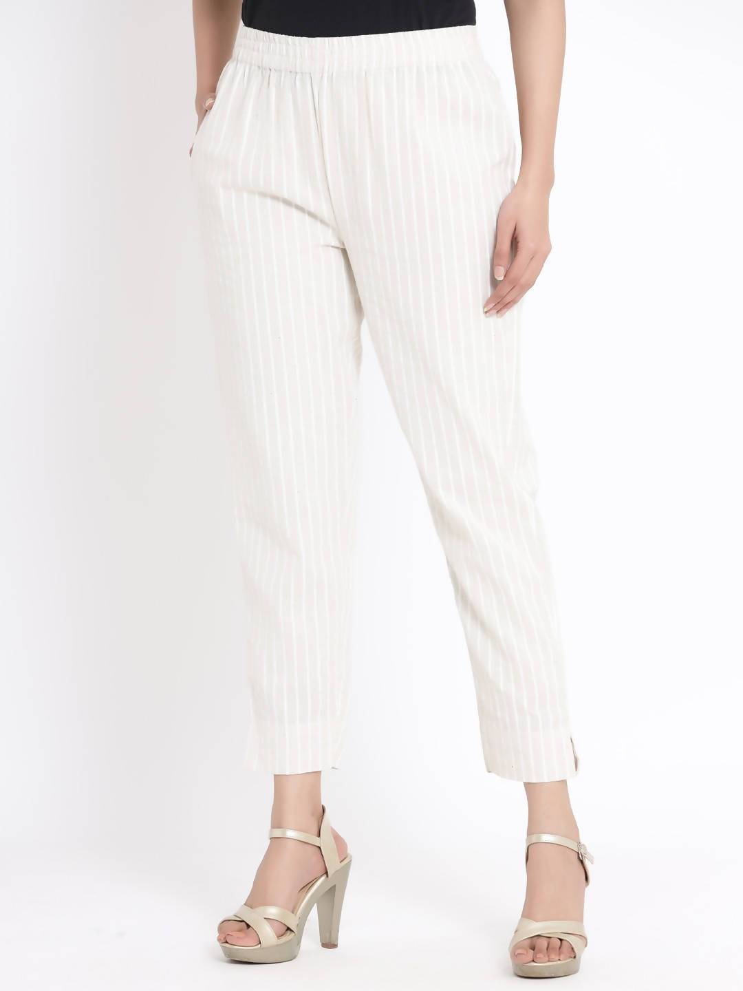 Women's Natural Cotton Flex Striped Straight Pant With Scrunchie