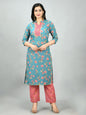 Women's Multi Poly Cotton Printed 3/4 Sleeve Mandarin Neck Casual Kurta Pant Set