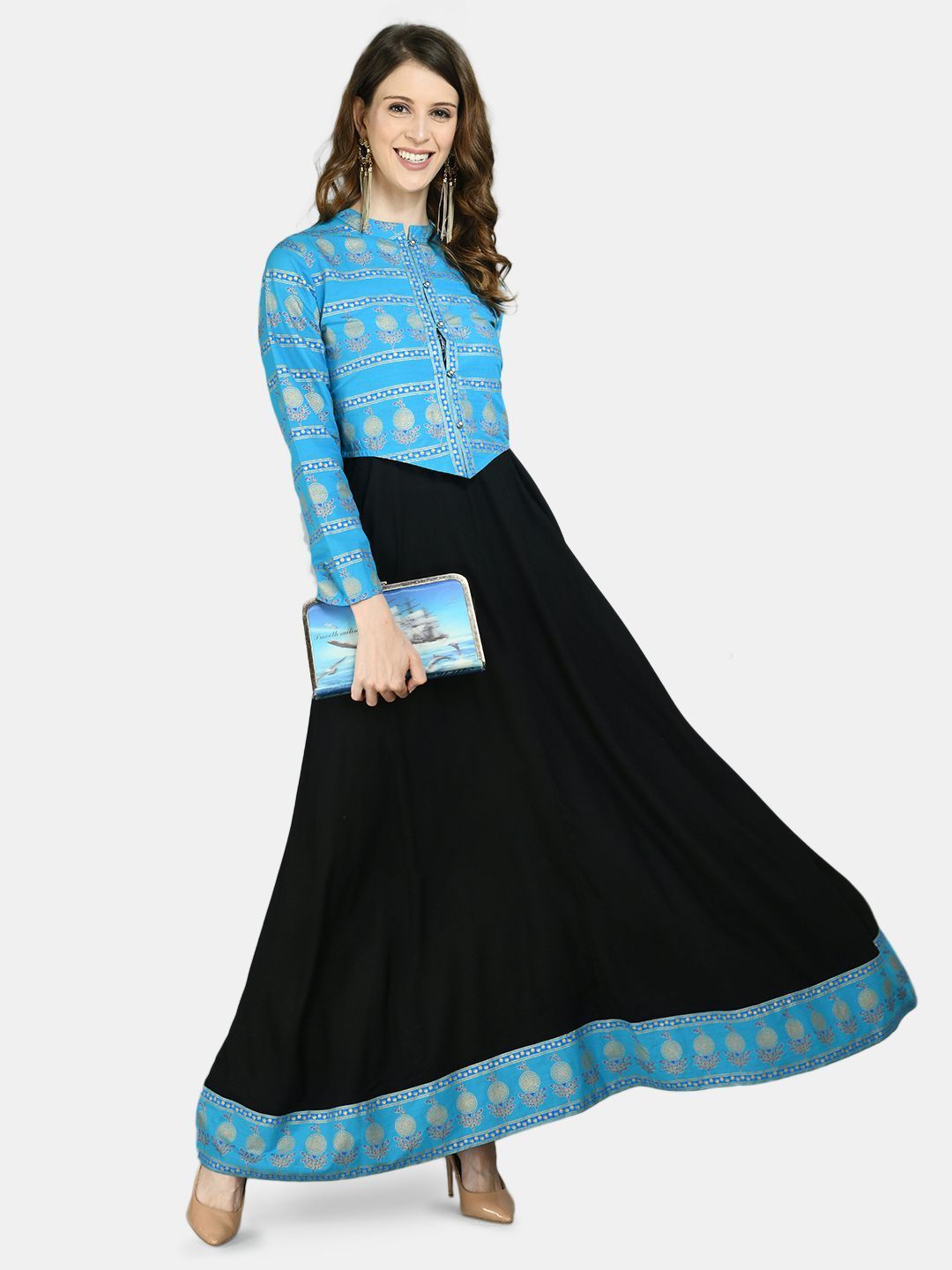 Women's Black Viscose Printed Full Sleeve Round Neck Casual Dress with  Jacket