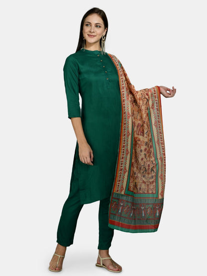 Women's Green Silk Solid 3/4 Sleeve Round Neck Casual Kurta Pant Dupatta Set
