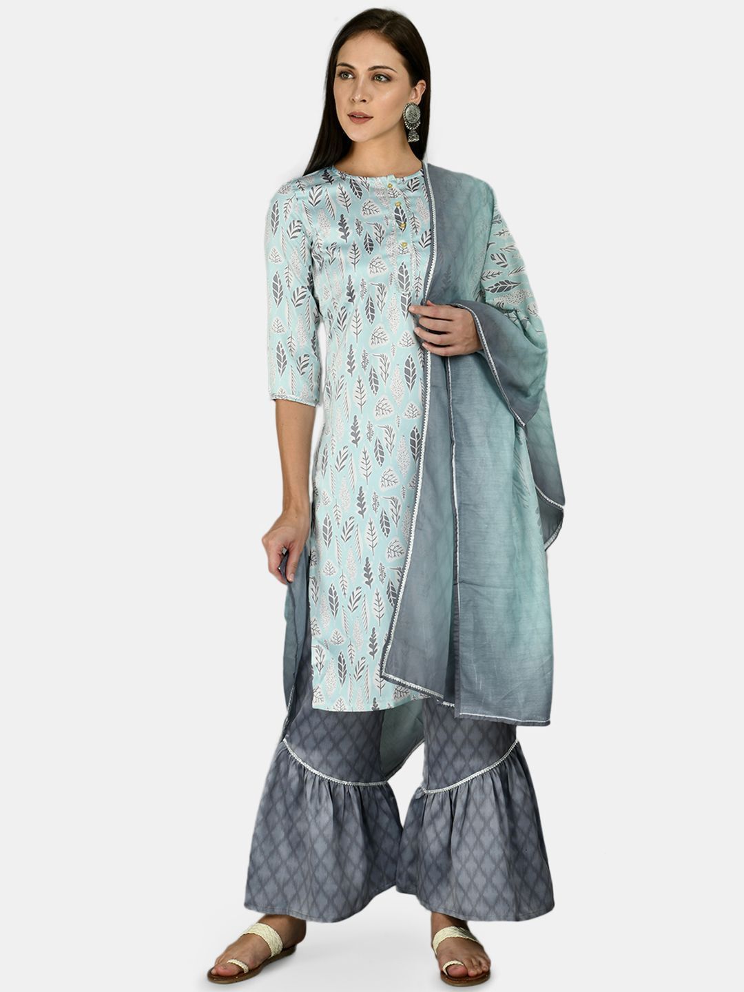 Women's Sky Blue Silk Printed 3/4 Sleeve Round Neck Casual Kurta Palazzo Dupatta Set