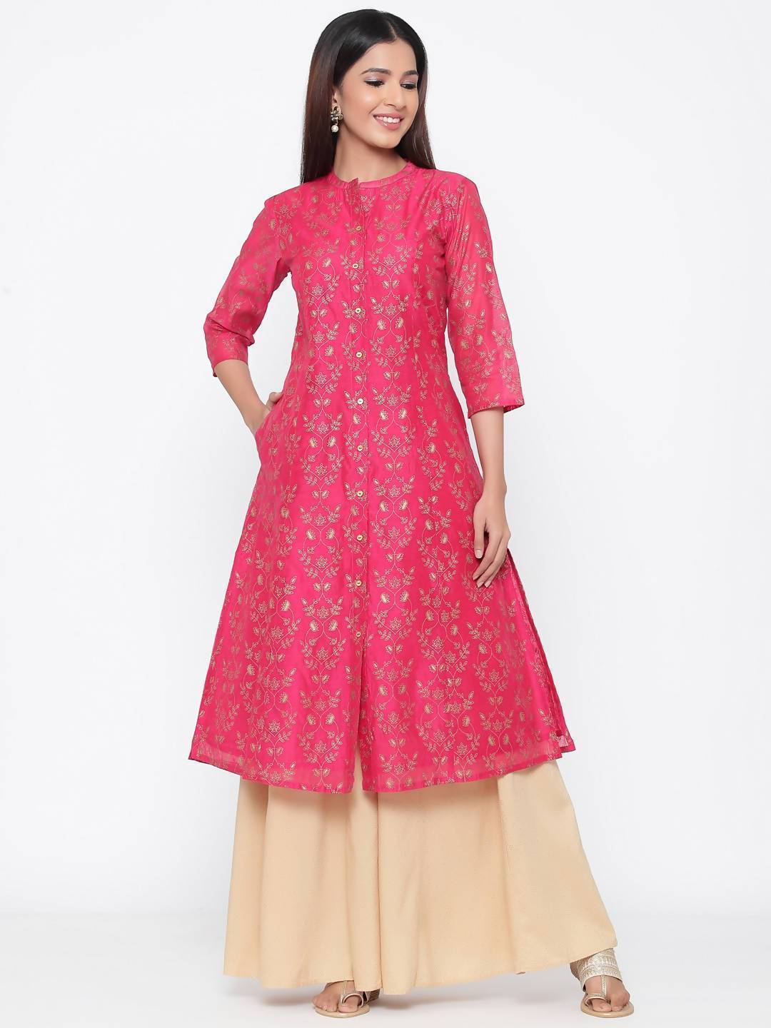 Buy_Women's_Fuschia_Chanderi_Printed_A-Line_Kurta_Online_Trendia