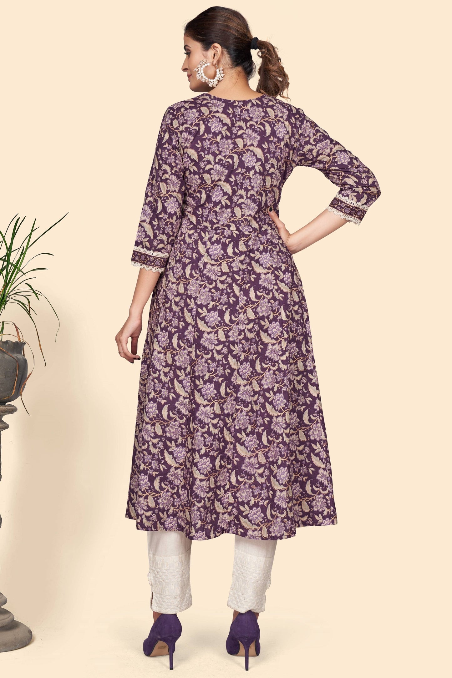 Women's Floral Print A-Line Cotton Purple Stitched Kurta