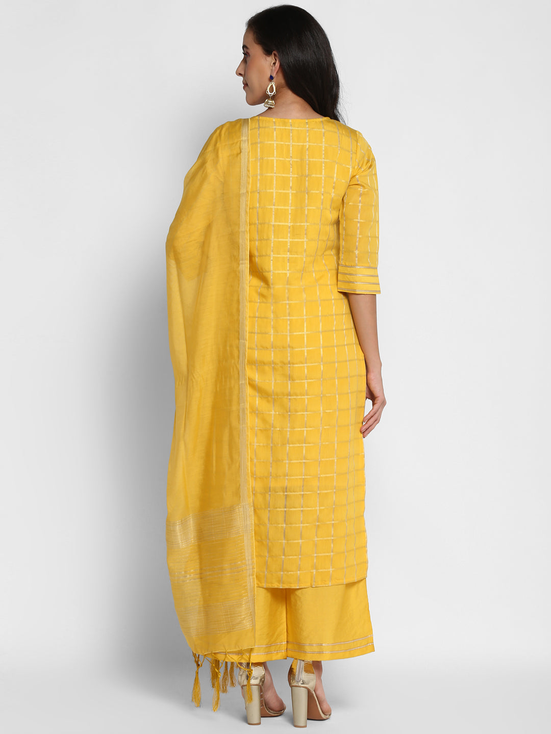 Women's Yellow Color Chanderi Silk Embroidered Straight Kurta Palazzo With Dupatta