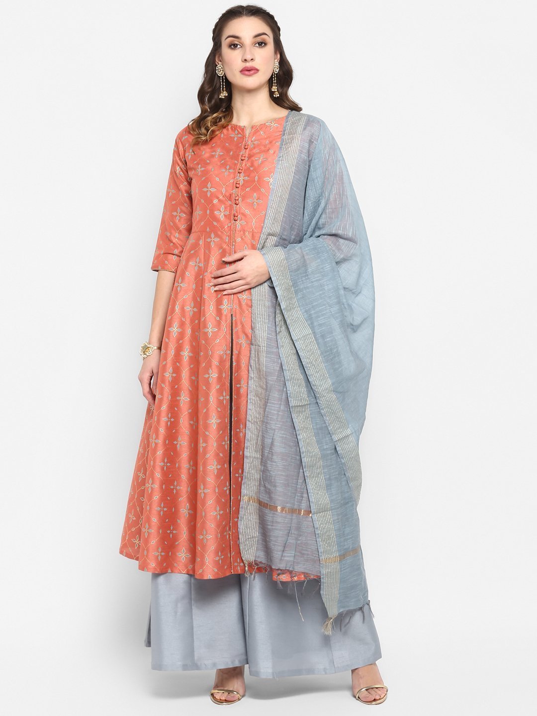 Women's Peach Poly Silk Kurta With Palazzo And Dupatta