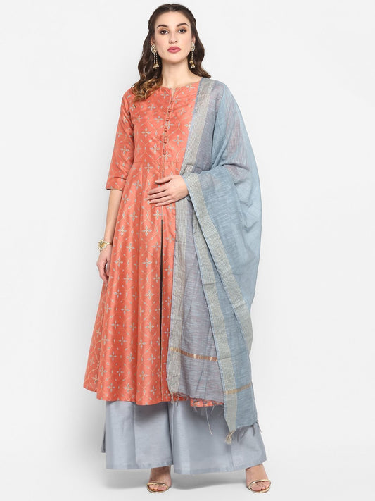 Women's Peach Poly Silk Kurta With Palazzo And Dupatta