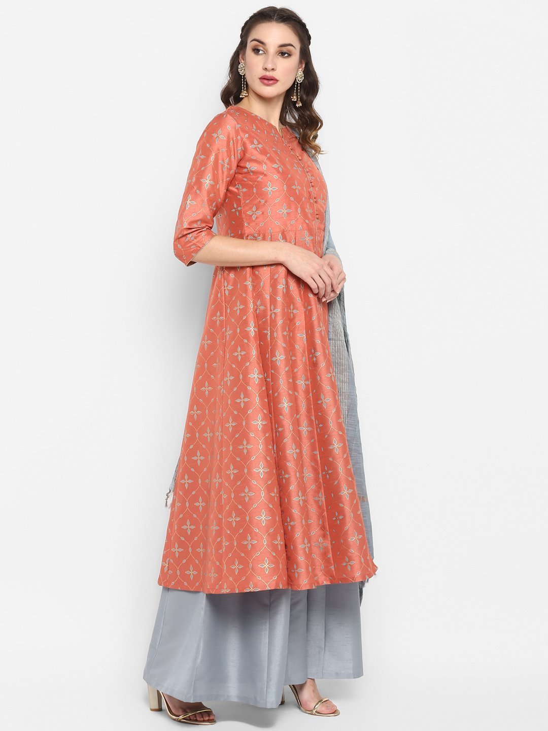 Women's Peach Poly Silk Kurta With Palazzo And Dupatta