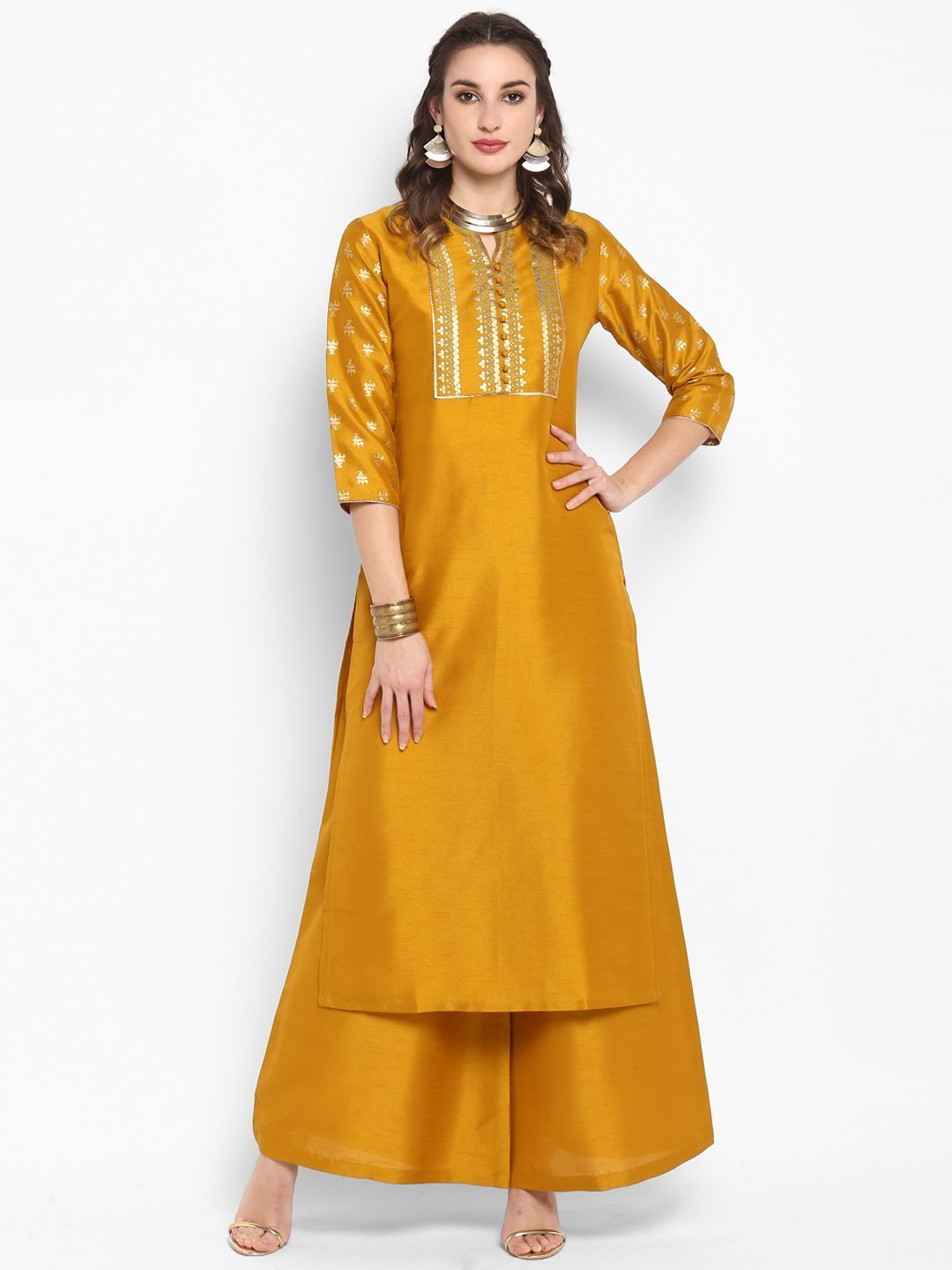 Women's Mustard Poly Silk Kurta With Palaz