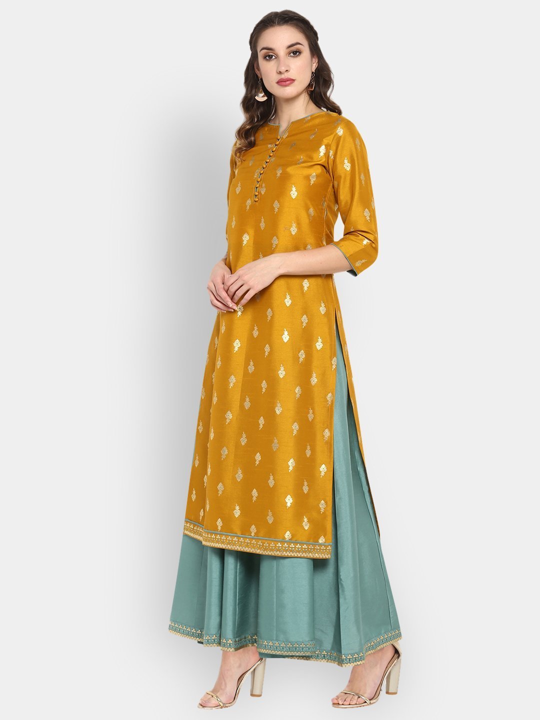Women's Mustard Poly Silk Ethnic Anarkali Set