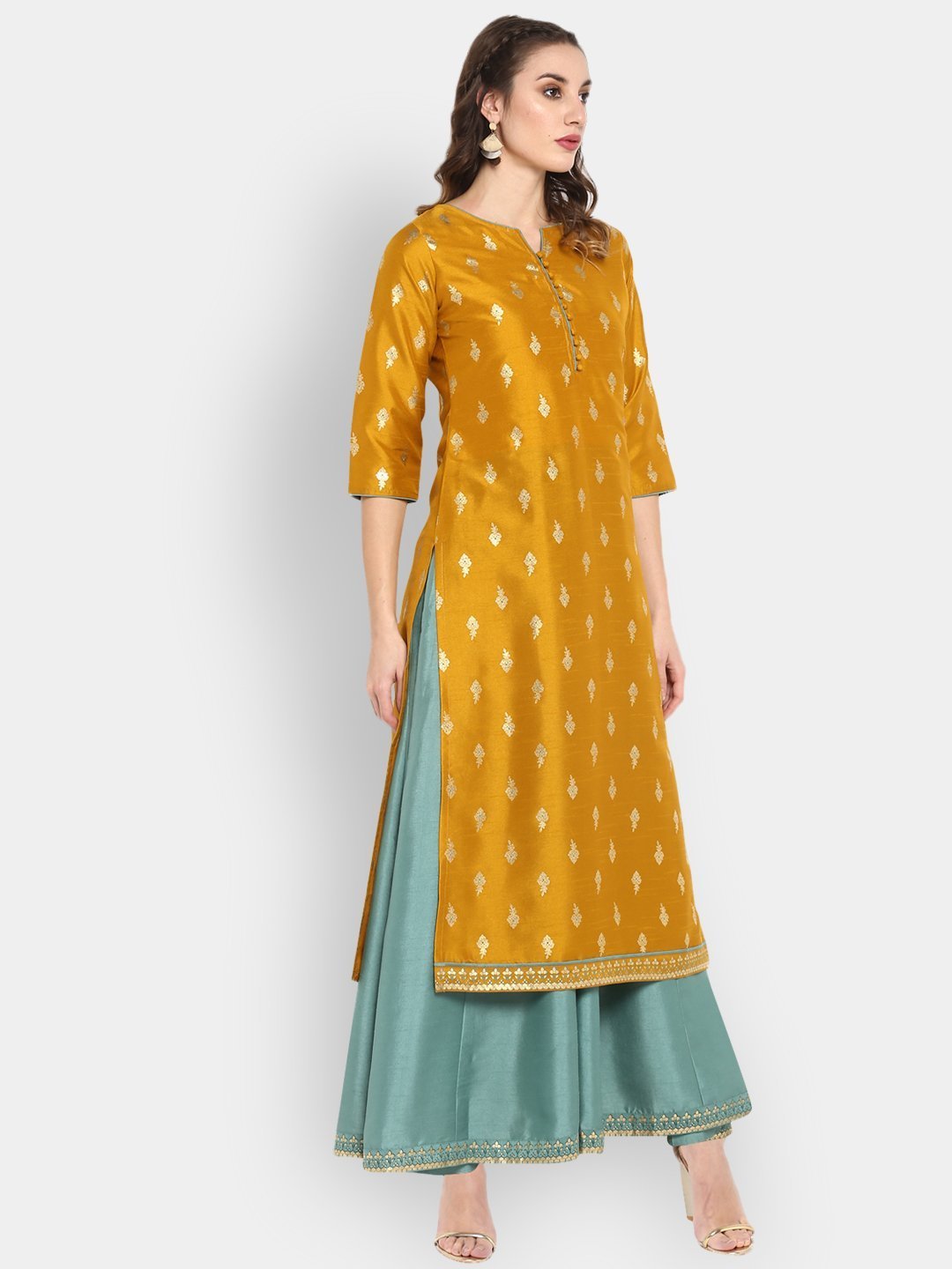 Women's Mustard Poly Silk Ethnic Anarkali Set