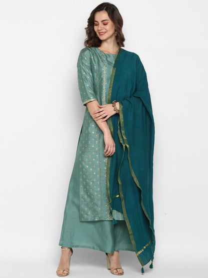Women's Light Green Poly Silk Floral Print Kurta With Palazzo And Dupatta