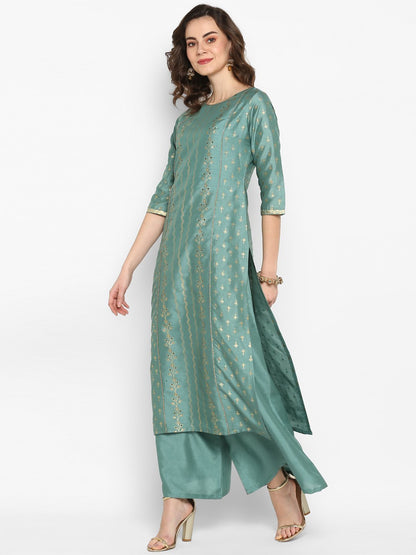 Women's Light Green Poly Silk Floral Print Kurta With Palazzo And Dupatta