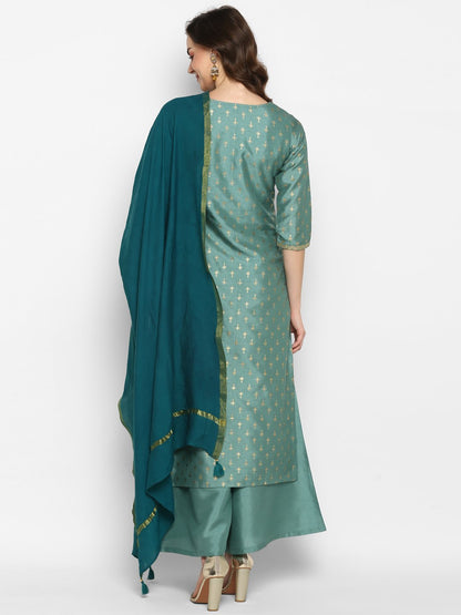 Women's Light Green Poly Silk Floral Print Kurta With Palazzo And Dupatta