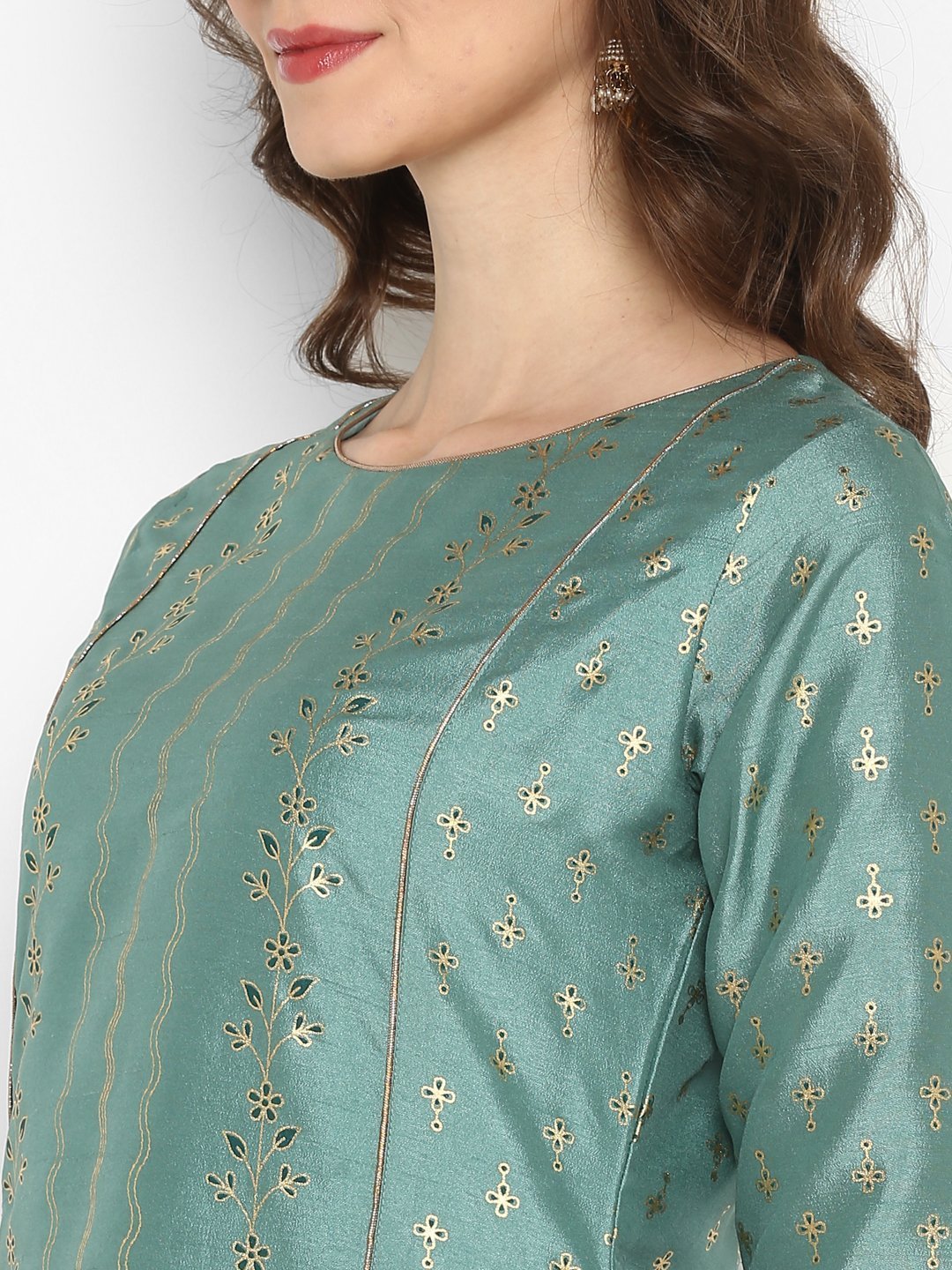 Women's Light Green Poly Silk Floral Print Kurta With Palazzo And Dupatta