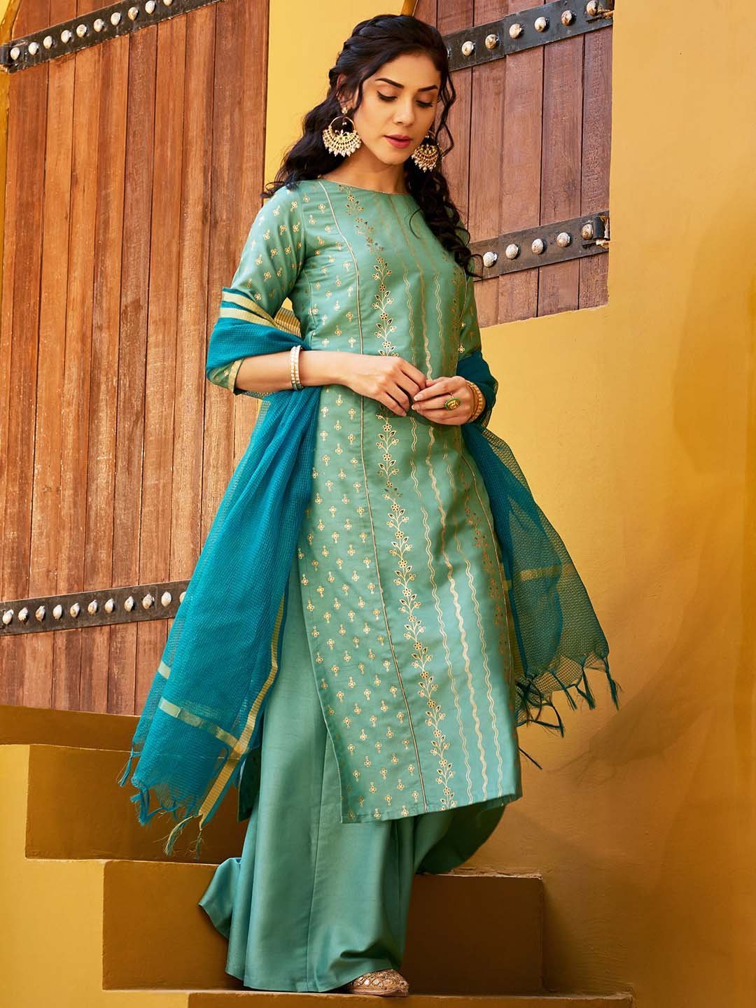Women's Light Green Poly Silk Floral Print Kurta With Palazzo And Dupatta