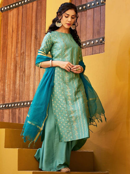 Women's Light Green Poly Silk Floral Print Kurta With Palazzo And Dupatta
