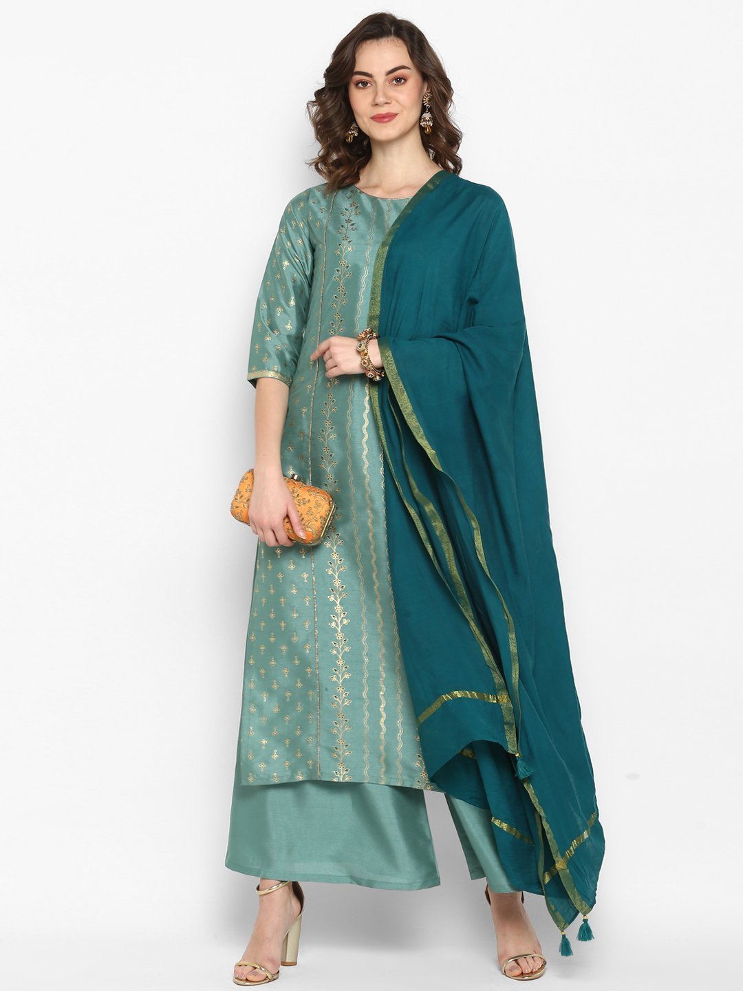 Women's Light Green Poly Silk Floral Print Kurta With Palazzo And Dupatta